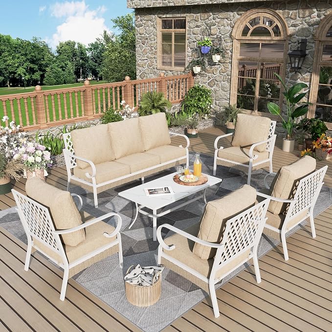 MIXPATIO 6 Piece Patio Furniture Set, 4 x Fixed Chair, 1 x 3-Seat Sofa with Marbling Coffee Table, All Cushioned 7 Seats Outdoor Conversation Set for Lawn Garden Backyard, Beige