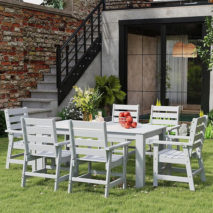 IVY&LANE Outdoor Dining Table | HDPE | 67’’ Rectangle Tables | White | All Weather | Umbrella Hole | Patio Furniture | for Poolside Lawn Garden Backyard