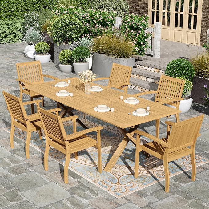 HERA'S HOUSE 7pc Patio Dining Set, Expandable Acacia Wood Table + 6 Chairs | Rectangular wooden table with umbrella hole, Fade-resistant, all-weather furniture for backyard, garden & poolside