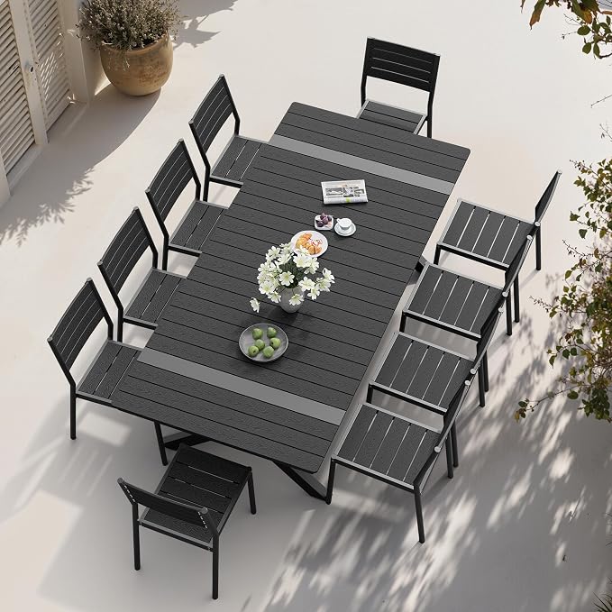 Pellebant 11 Piece Patio Table and Chairs Set for 10, Aluminum Outdoor Dining Set with Umbrella Hole, Stackable Dining Chairs & 94" Dining Table, Black