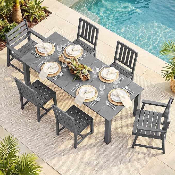 LOUNZY 7 Piece Patio Dining Set for 6, Outdoor Table and Chairs,Grey | 75.2” table,6 seat patio dining set, HDPE wood-look, fade resistant and waterproof, low maintenance outdoor furniture