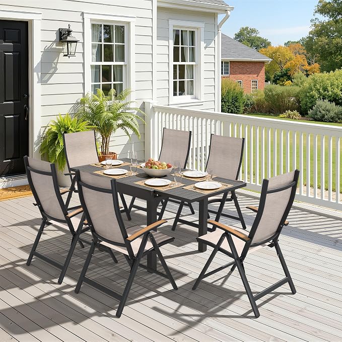 Pellebant 7 Piece Aluminum Outdoor Dining Set for 6 Peron, Expandable Outdoor Dining Table and Foldable Adjustable Backrest Chairs, Weather Resistant Outdoor Furniture Set for Deck, Porch & Backyard