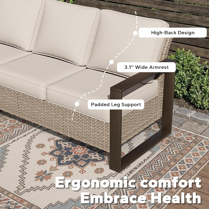Joyside Outdoor Patio Sofa, 4 Pieces Wicker Rattan Furniture Set, 1 Patio Couch and 2 Ottoman, Metal Wide Armrest, Thick Cushions and Deep Seating for Garden, Backyard, Porch, Deck