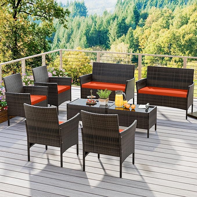 KOTEK 8 Piece Patio Furniture Set, Outdoor Rattan Conversation Set with Loveseat, Wicker Chairs, Tempered Glass Coffee Table, Wicker Patio Set for Backyard, Porch (Orange)