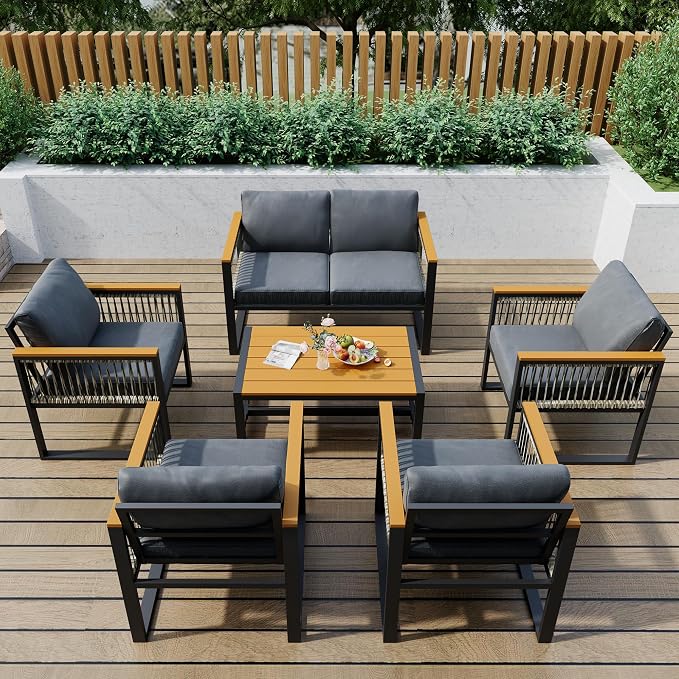 Pamapic 6 Pieces Outdoor Patio Furniture Set with Wicker Handrails, Plastic-Wood Balcony Furniture with Wicker Arm Panel, All-Weather Metal Patio Conversation Sets with Cushion and Coffee Table