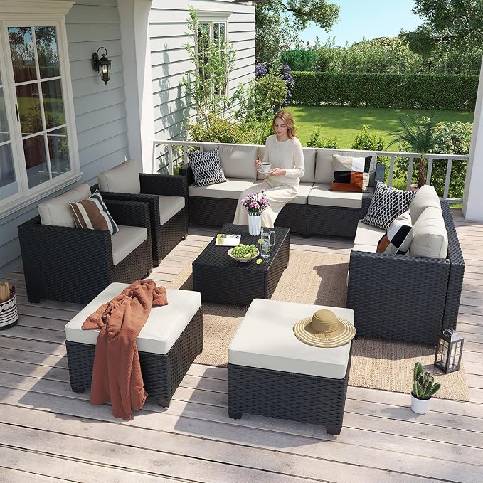 Aoxun 10 Piece Outdoor Patio Furniture Set 9 Seats, Outdoor Sectional with Thick Waterproof Cushions, Patio Conversation Sets for Garden,Backyard, Porch, Balcony, Black & Beige