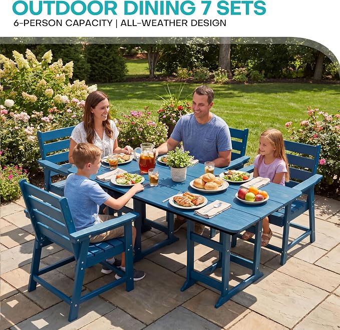 5-Piece Dining Set, HDPE Table & 4 Chairs, Navy Blue | HDPE Dining Set: 69.1" Table + 4 Chairs, 380 lbs, 304 Stainless, All-Weather, No Rust No Crack, Outdoor Patio Garden