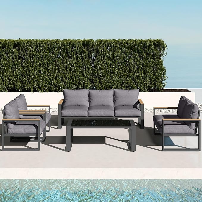 RoyalCraft 5 Piece Aluminum Patio Furniture Set, Outdoor Conversation Set with Coffee Table, Metal Outdoor Patio Furniture Set for Porch Backyard Garden, Grey