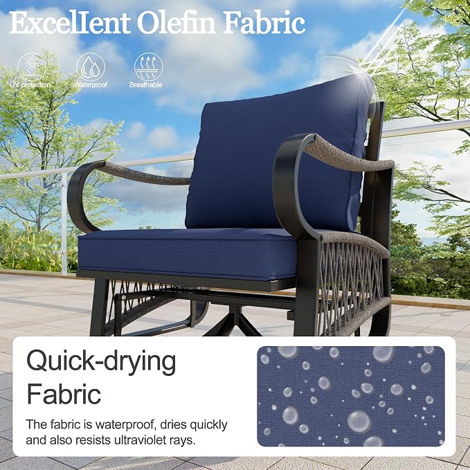 6 Pieces Patio Conversation Sets, All-Weather Metal Swivel Rocking Chairs with Rope Furniture Set, Outdoor Sofa Couch for Deck, Porch, Garden, Backyard, Poolside (Blue Cushions)