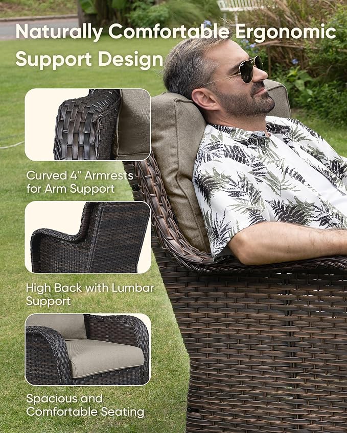 HUMMUH Patio Furniture Set with Fire Pit Table 5-Piece Wicker Outdoor Swivel Rocker Patio Chairs High Back Outdoor Couch Conversation Set for Porch, Backyard, Deck