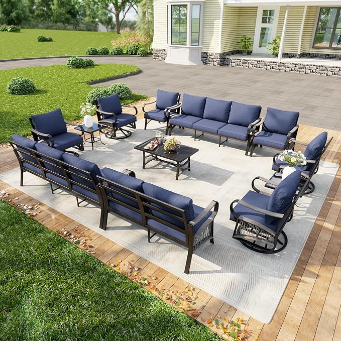 12 Pieces Patio Furniture Set, Metal Outdoor Conversation Sets with Swivel Chairs, Modern Couch Sofa Seating Group with Coffee Table and Side Table (Thick Blue Cushions)