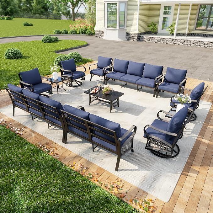 12-Piece Modern Patio Furniture Set, All Weather Metal Outdoor Conversation Sets with 5.1" Extra Thick Cushion for Backyard Garden Deck Porch Poolside, Blue