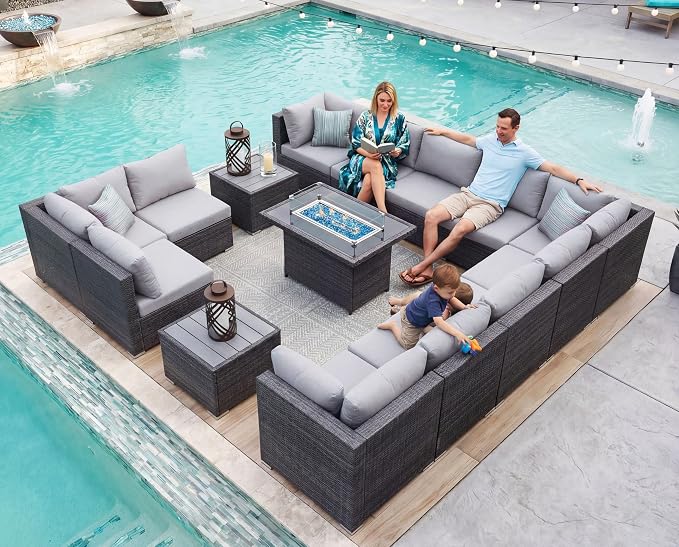 NICESOUL 15 Piece Outdoor Patio Furniture Set with Fire Pit, Extra Large Wide Outdoor Deep Seated Sectional, Cozy 29.3'' High-Back Modular Couch, 500 Lbs High Weight Capacity Wicker Sofa, Light Gray