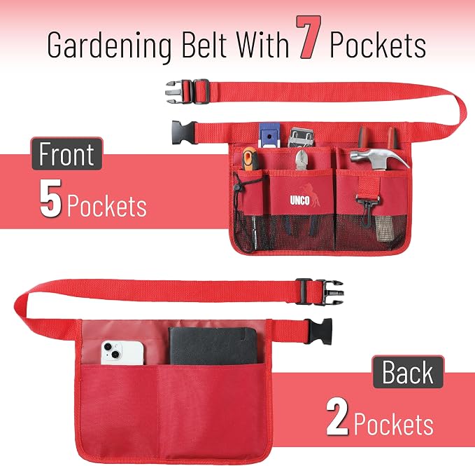 UNCO- Adjustable Gardening Belt, Red, 7 Pockets, Wear, Cut and Water Resistant, Garden Tool Belt Pouch, Waist Apron with Pockets