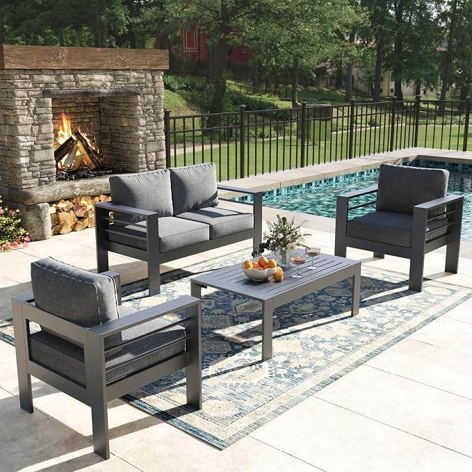 4 Pieces Modern Aluminum Patio Furniture Set, Outdoor Conversation Sets Metal Sectional Sofa with Coffee Table