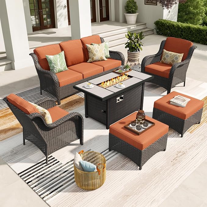 ovios 6-Pieces Patio Furniture Set with 42" Fire Pit Table, Outdoor Wicker Sofa Couch Ottomans Comfy Cushions, High Back Modern Conversation Set, Brown Rattan, Orange Red