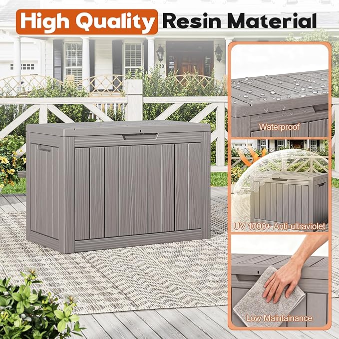 Outdoor Storage Box, Resin Deck Boxes Indoor and outdoor, Waterproof Storage Box Lockable Lid (Grey, 50 Gallon)