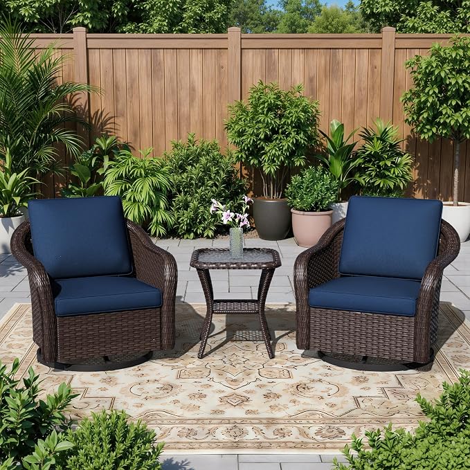 3 Piece Patio Wicker Bistro Set, 2 All-Weather Use Outdoor Wicker Swivel Chairs with PE Rattan Side Table,Ideal for Porch, Backyard, Balcony, Poolside, Blue