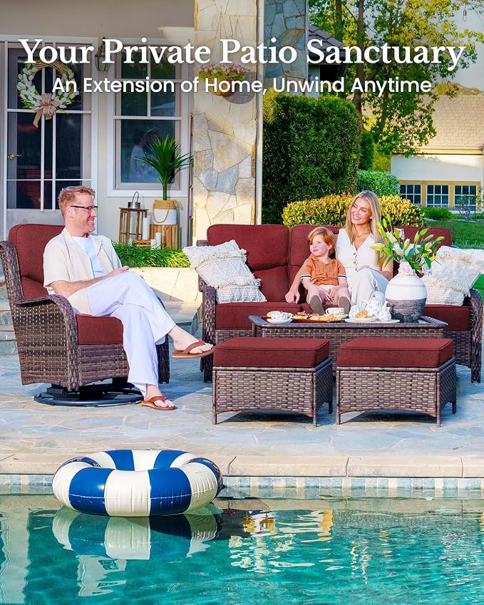 HILLGA 7-Piece Luxury Patio Furniture Set with 6" Thick Cushions, Weather-Resistant Wicker High Back Swivel Rocker Chairs, Senior-Friendly Outdoor Sofa Set for Large Deck and Poolside, Burgundy(V2)