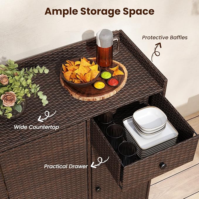 Tangkula Rattan Outdoor Storage Cabinet, Patiojoy Outdoor Cabinet with 2 Adjustable Shelves, 1 Drawer, 3 Doors, Patio Storage Deck Box Table for Patio Garden Poolside
