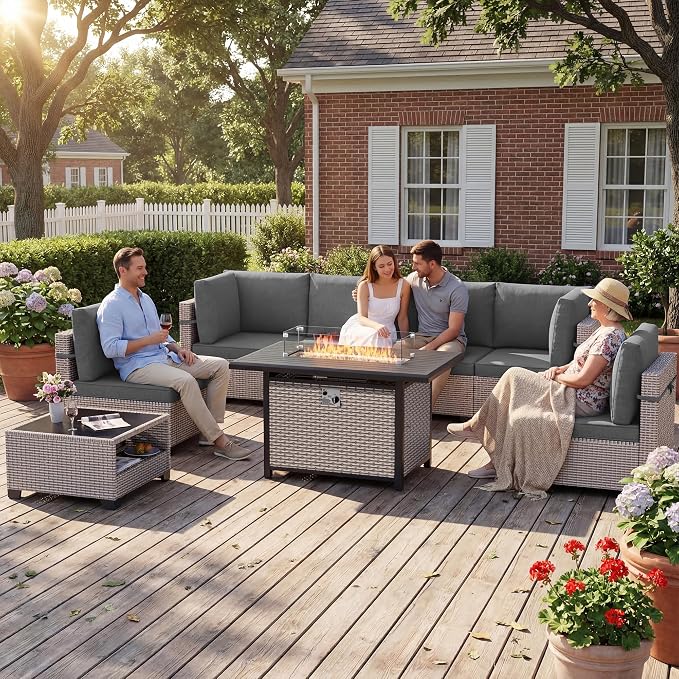 Patio Furniture Set, 8-Piece Outdoor Sectional Sofa with 60,000 BTU Fire Pit Table & 2-Layer Glass Coffee Table, Wicker Patio Conversation Set with Gray Cushions