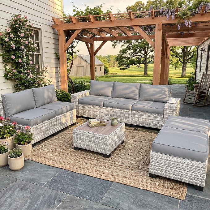 8-Piece Outdoor Patio Furniture Set Wicker Sectional Sofa Set with Ottomans, Patio Conversation Set with Thickened Cushions & Coffee Table for Garden, Backyard, Poolside, Grey