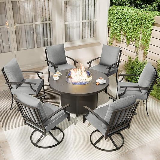 Kullavik 7 Piece Metal Outdoor Patio Furniture Set with Fire Pit Table,Outdoor Dining Table Set with 4 Fixed Chairs,2 Swivel Chairs and 55000 BTU Outdoor Round Fire Pit,Grey