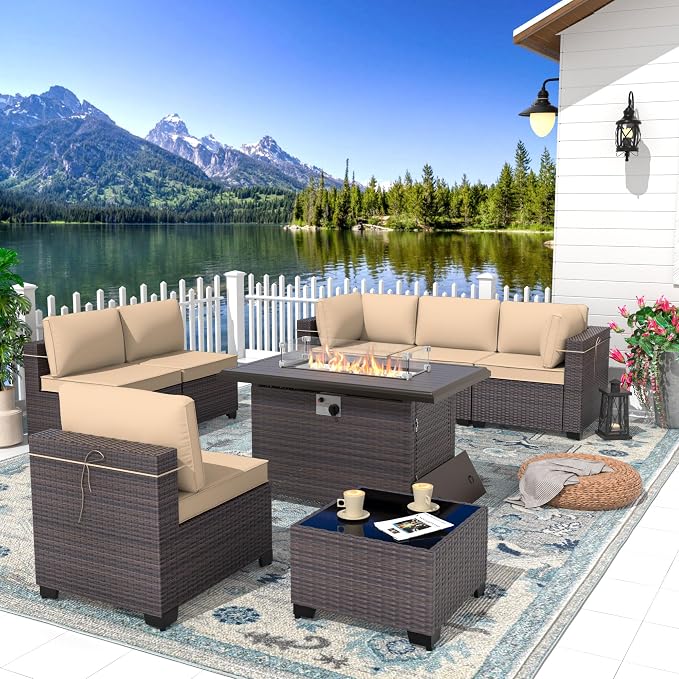Patio Furniture Set with Fire Pit Table 8 Pieces Outdoor Sectional Sofa Set,PE Rattan Wicker Patio Conversation Set w/43in 55000 BTU Propane Fire Pit Table,Sand