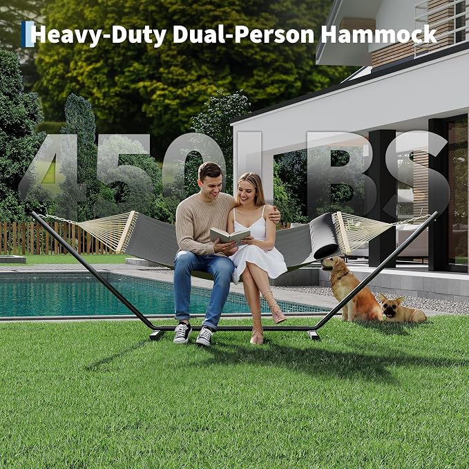 Garvee with Iron t-Shaped Bracket Flat Wood Frame Hammock - Durable, Sturdy, Comfortable, Easy Assembly, Stylish Design