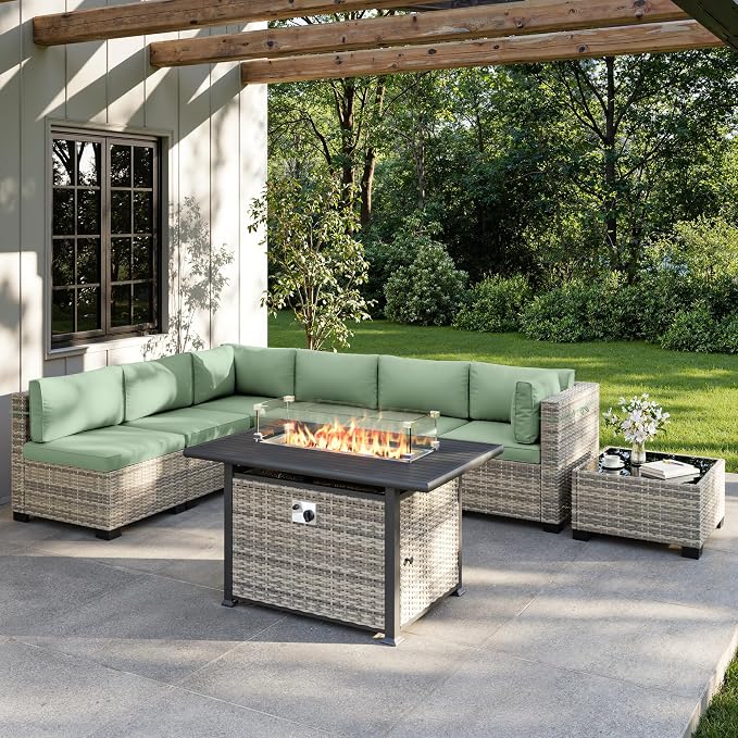 8-Piece Outdoor Patio Furniture Set with 55,000 BTU Fire Pit Table, PE Wicker Rattan Sectional Sofa Conversation Set - All-Weather Garden, Backyard Furniture, Light Green