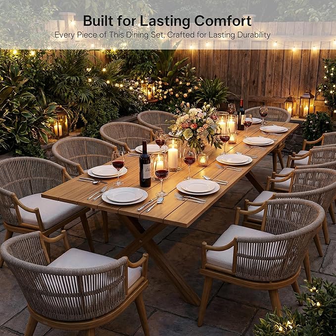 PURPLE LEAF 11 Pieces Outdoor Dining Set All Weather Wicker Patio Dining Set with Rectangular Aluminum Table and Modern Armrest Dining Chairs for Garden Deck Backyard Kitchen, Teak
