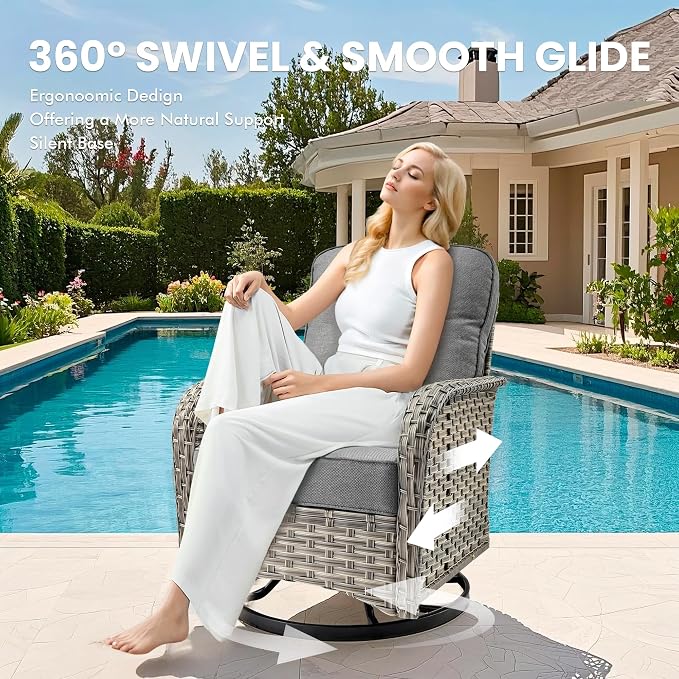 8 Pcs Patio Outdoor Furniture Set - All Weather Wicker Outdoor Sectional Sofa Couch with Swivel Fire Pit Table and Rocking Chairs e,Patio Rattan Conversation Set for Garden Deck Yard,Dark Grey