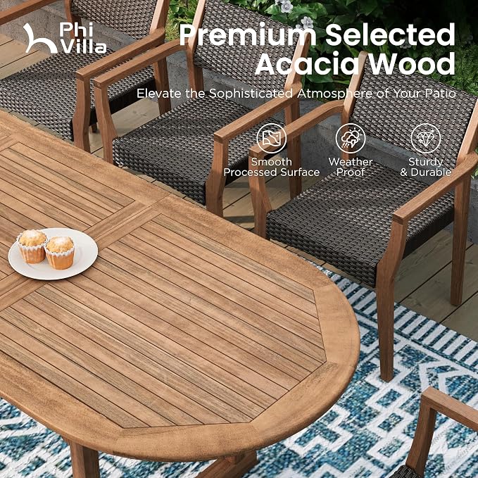PHI VILLA Outdoor Dining Set for 6, Expandable Acacia Wood Table & Chairs | 7pc teak patio furniture set. Large farmhouse set for deck, porch, backyard.