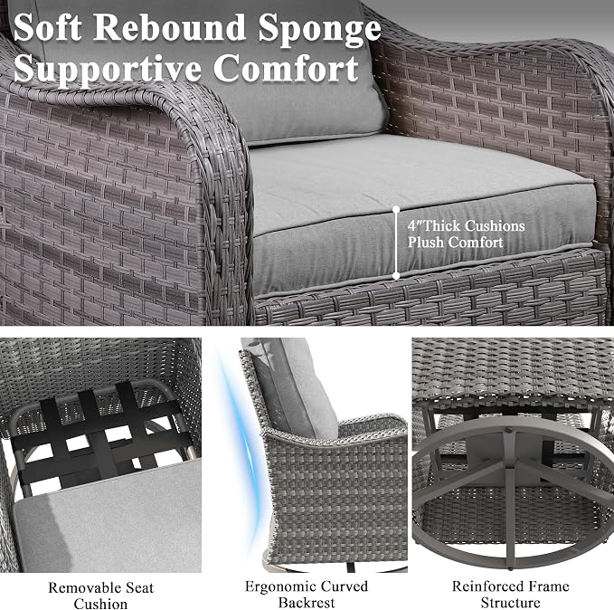 6 Piece Wicker Patio Furniture Set, Swivel Rocking Chairs with 4''Cushions, PE Rattan, Rust Resistant Frame, Double Layer Glass Side Table, for Backyard, Deck or Balcony, Grey
