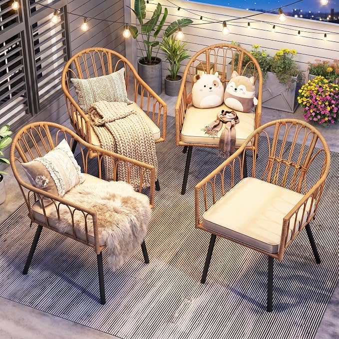 YITAHOME 4 Pieces Rattan Wicker Dinning Chairs, Outdoor Indoor Patio Furniture Set with Cushion and Curved Back All Weather Bistro Chair for Garden Backyard Porch Poolside Restaurant (Beige)
