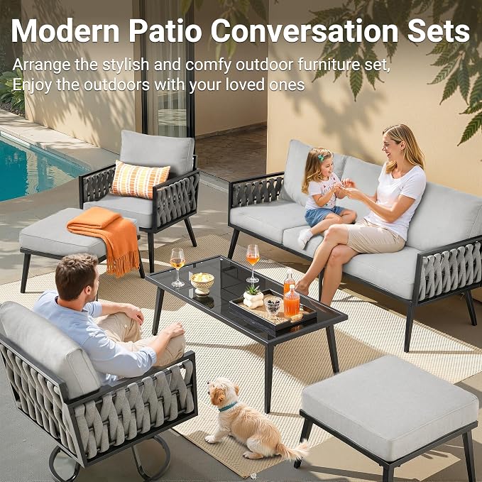 Weaxty Modern Patio Furniture Set 6 Piece, Rope Outdoor Patio Conversation Sets Sectional Sofa Swivel Chairs Table Ottoman, All Weather Metal Balcony Furniture for Backyard Garden, Grey