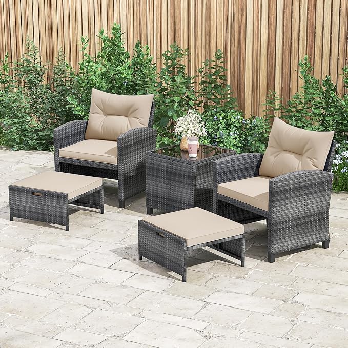 ORALNER 5 Pieces Patio Furniture Set with Ottoman, Wicker Conversation Set w/Cushions, Glass Coffee Table, Outdoor Lounger Rattan Chairs Bistro Set for Porch Balcony Garden Deck Poolside (Beige)