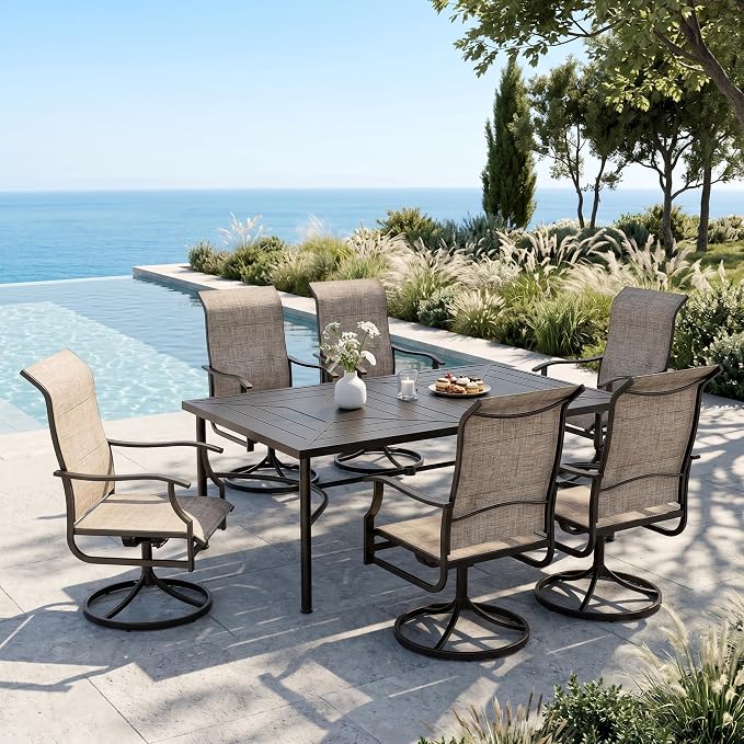MIXPATIO Patio Dining Set for 6, Outdoor Metal Table and Swivel Chairs Set, 7 Piece Patio Furniture Set with Umbrella Hole for Backyard Deck