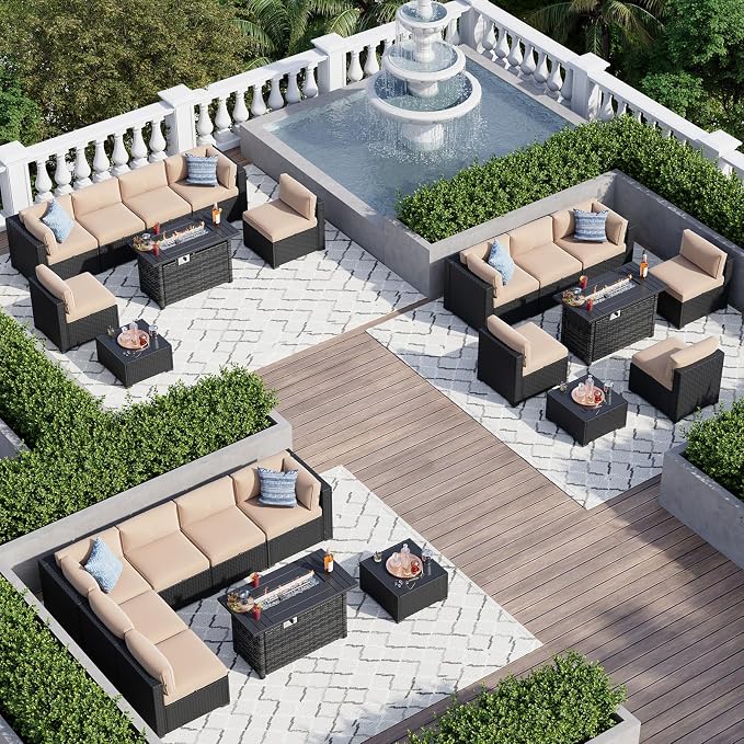 Aoxun 8 Piece Patio Furniture Set with 44” Fire Pit Table Wicker Patio Sectional Sofa Set Outdoor Seating Furniture with Thickened Cushion, Beige