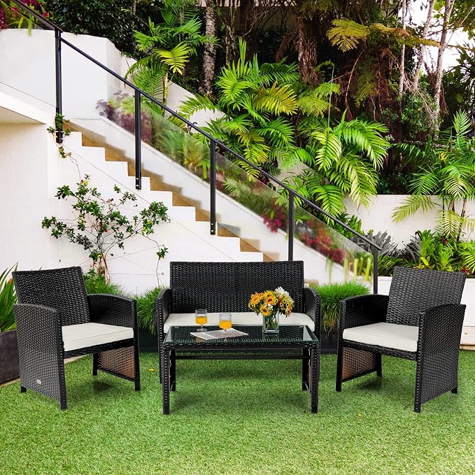 Tangkula 4 Pieces Rattan Furniture Set, Outdoor Conversation Set w/Chair & Loveseat & Tempered Glass Coffee Table, Suitable for Garden, Backyard, Poolside, Patio Furniture Set for 4 (1, White)