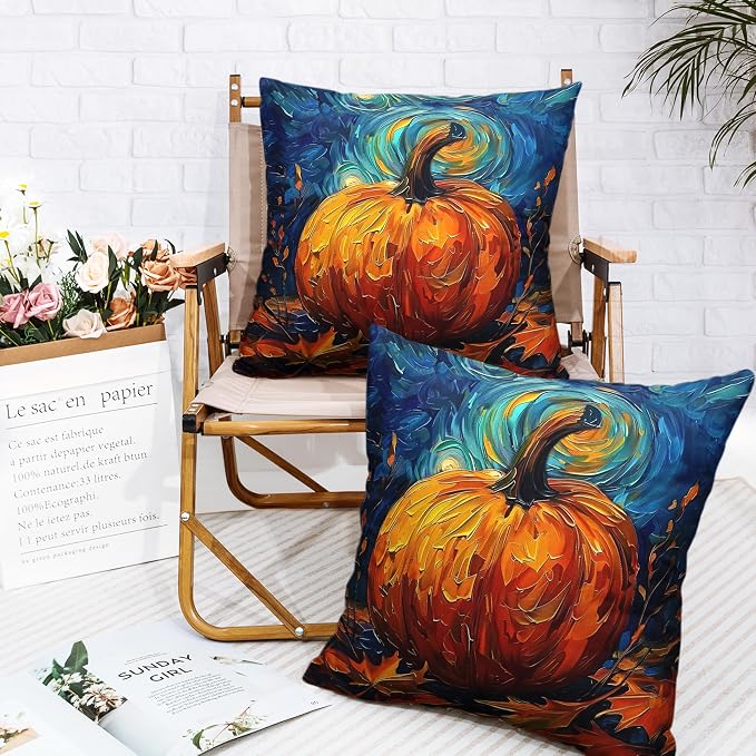 Fall Van Gogh Pillow Covers 20x20 Set of 2 Autumn Pumpkin Under Starry Night Throw Pillow Covers Oil Painting Pillowcase Cushion Case for Home Decor Patio Outdoor Sofa