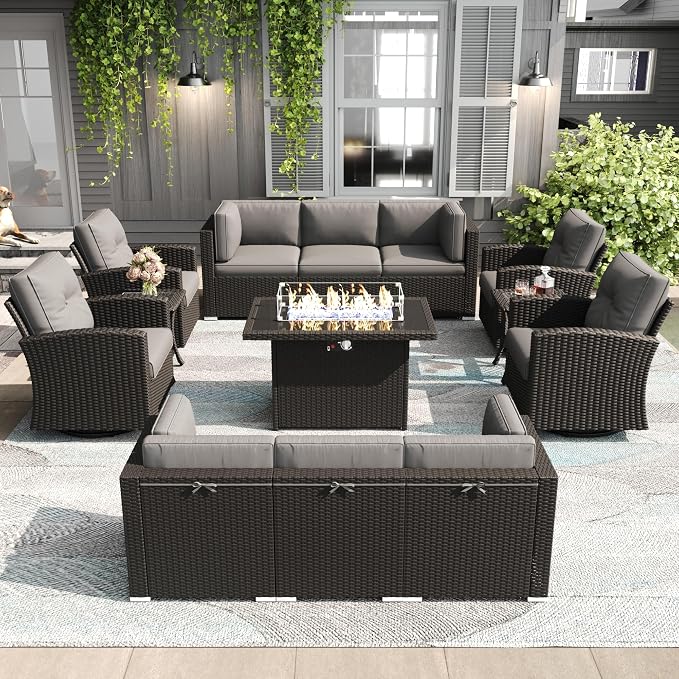 LayinSun 15 Pieces Patio Furniture Set with Fire Pit Table, Black Rattan Modular Sectional Outdoor Conversation Sofa Set, Swivel Rocking Chairs Set