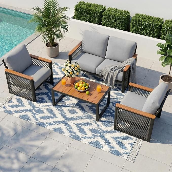 NATURAL EXPRESSIONS Aluminum Patio Furniture Set, Outdoor Conversation Sets with Fauxwood Arm & Tabletop, Rattan Side-armrest, 6" Olefin Cushions, Patio Sectional Furniture for Porch, Yard, Balcony