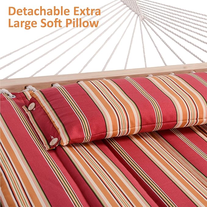 SUNCREAT Outdoor Hammock with Stand, Two Person Quilted Fabric Hammock Swing with Adjustable Wooden Stand, Red Stripes