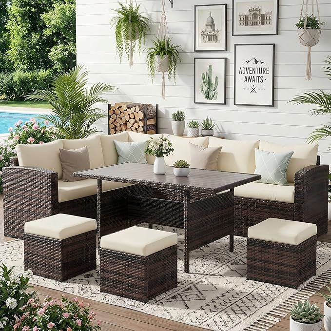 Wisteria Lane 7 Piece Patio Furniture Set, Wicker Patio Sectional with Wide Armrest, All Weather Outdoor Dining Set, Outdoor Furniture Patio Conversation Set with Ottoman, Brown