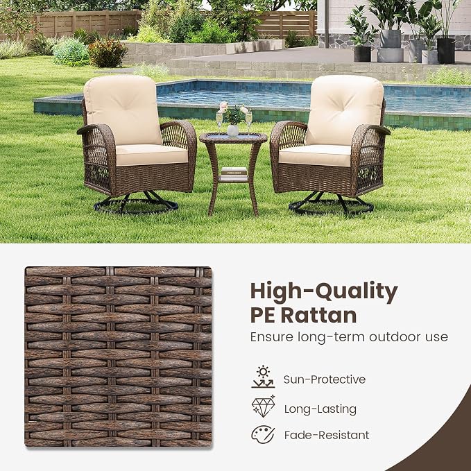 HAPPYGRILL 3 Pieces Outdoor Rattan Swivel Rocker Chairs Set with Tempered Glass Side Table, Outside Sectional Patio Conversation Furniture Set with Swivel Rocking Chairs for Deck Porch Garden (Beige)