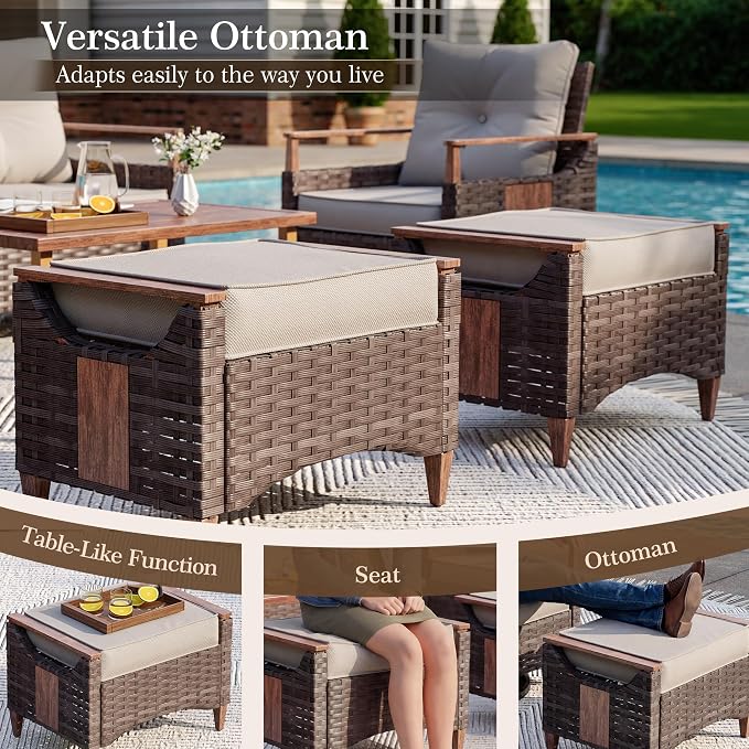 NestNook 6 Pieces Patio Furniture Set, Outdoor Conversation Set with All-Weather Handwoven PE Wicker Sofa, Rattan Chairs and Thick Cushion, Coffee Table & Ottoman for Backyard, Deck & Poolside, Beige