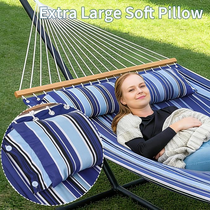 Double Hammock with Stand for 2 Person, Outdoor Freestanding Hammock Bed with 475lb Capacity - Heavy Duty Steel Frame, Quilted Pillow & Portable Carry Bag, Easy Assembly, Blue