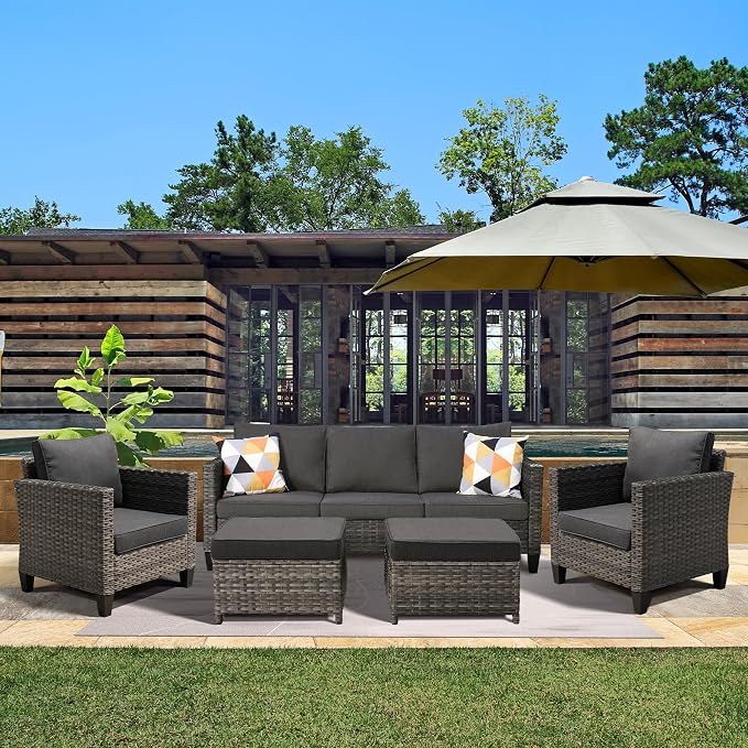 ovios 5 Pieces Patio Furniture Set, Outdoor Wicker Rattan Sofa Couch with Ottomans Comfy Cushions, Modern Conversation Set for Deck Backyard Porch, Black