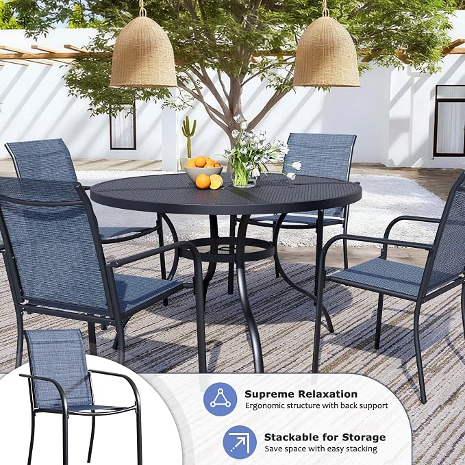 5 Piece Patio Dining Set for 4, 42” Black Round Table with Umbrella Hole and 4 Blue Patio Stackable Chairs, Patio Table and Chairs for Backyard, Lawn, Deck & Garden